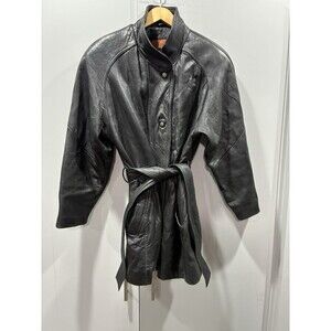 Vintage Cayenne Black Leather Trench Coat Belted Womens M Long Jacket